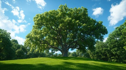 A majestic oak tree with lush green leaves rises on a gentle grassy hill, contrasting beautifully with the vibrant blue sky filled with clouds, suggesting a pleasant day outdoors