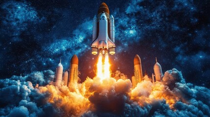 Majestic Rocket Launching into a Starry Sky Amidst Explosive Flames and Billowing Smoke, Capturing the Awe of Space Exploration and Technology Advancement