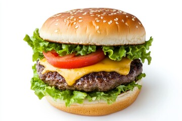 Delicious cheeseburger topped with fresh lettuce and tomatoes. A perfect meal for any fast food lover. Satisfy your cravings today. Generative AI