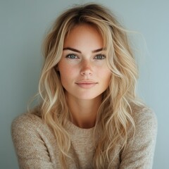 minimalistic portrait of beautiful blonde Caucasian woman 35 years old on light background