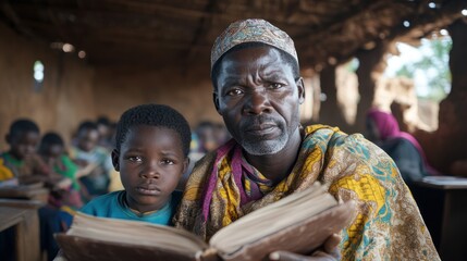 A man and a young boy sit together in a rustic classroom, engaged in reading an old book. Children are gathered around, focused on learning in their vibrant surroundings