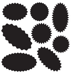 Circle sticker set. Wavy edge promo black badges. Star burst shape tags for price. Blank sale stickers. Simple silhouette. Flat vintage labels. Graphic illustration.
