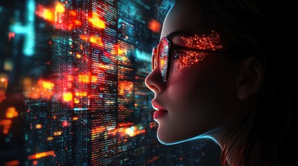Futuristic Woman with Glasses Gazing at Neon Digital Data in a High-Tech Environment, Reflecting Innovation and Technology in a Modern World