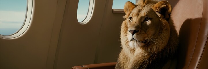 Naklejka premium Majestic Lion Relaxing in First-Class Airplane Seat with Luxurious Design. Surreal Lion in First-Class Cabin: Elegance and Majesty Combined