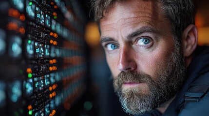 Intense Portrait of a Male Technician with a Beard Examining High-Tech Equipment in a Modern Control Room Surrounded by Control Panels and Displays