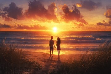 A romantic sunset on the beach. A couple stands hand in hand. The vibrant colors of the sky reflect on the water. Nature embraces love and tranquility. Generative AI