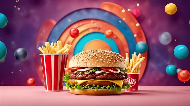 Colorful balls falling around a delicious hamburger with french fries on a table.