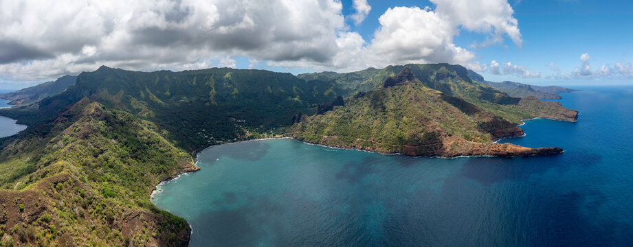Magnificent aerial view of HATIHEU bay on the island of NUKU HIVA in the Marquesas archipelago in French Polynesia