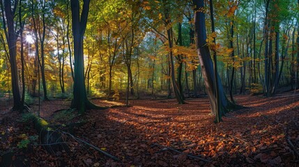 Sun shining through a colorful autumn forest
