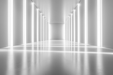 Bright illuminated corridor with white walls and reflective floor