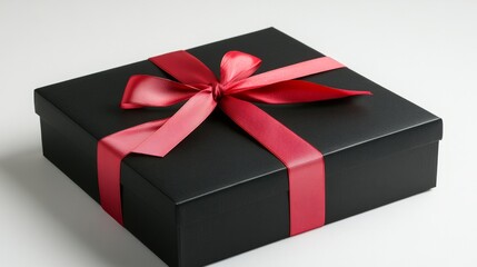 Obraz premium 3d rendered black gift box with red ribbon against white background