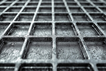 Close-up of a metal grating surface with square openings