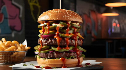 A fresh juicy towering burger