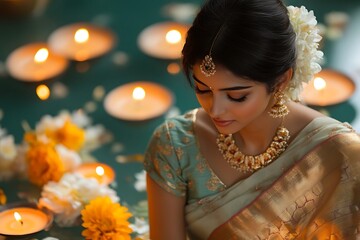 Indian Woman in Teal Sari with Candlelight and Marigolds