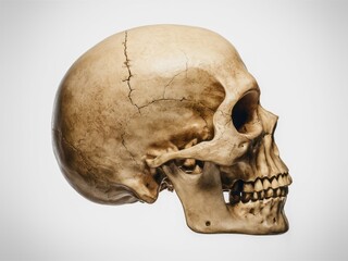 Obraz premium Human Skull: A detailed profile view of a human skull, showcasing the intricate structure of the bone. This image conveys a sense of mortality and the fragility of life. 