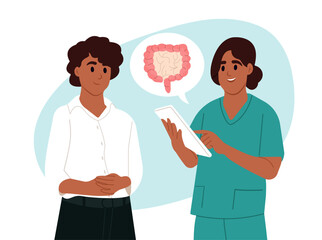 Irritable Bowel Syndrome (IBS) Awareness Month. Doctor talks to a patient about bowel disease. A doctor who studies intestinal diseases. Vector flat illustration.