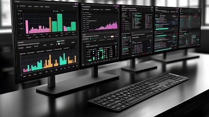 Five computer monitors displaying data and charts on a desk with a black keyboard in an office setting.