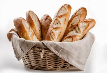Basket of Freshly Baked Baguettes:  A rustic wicker basket overflowing with golden-brown baguettes, freshly baked and ready to be enjoyed. The perfect image for a bakery, restaurant, or food blog.  