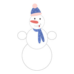 Vector illustration of a snowman with hat, scarf, and cute smile.