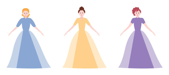 Vector of three cartoon girls in fancy ball gowns and stylish hairstyles.