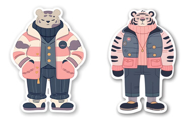 Illustration of a sticker set of animals in winter clothes