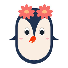 Vector of a cute penguin face with flowers on its head.