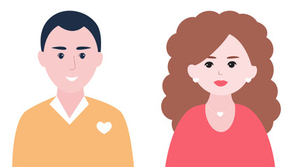 Vector of a cartoon couple with heart-themed clothing and jewelry.