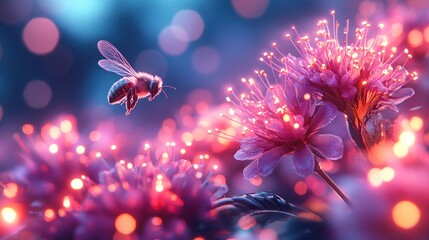 A bee flies towards glowing pink flowers.