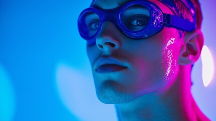Confident Male Swimmer in Neon Studio Lights - Athletic Build Reflections and Modern Sport Concept