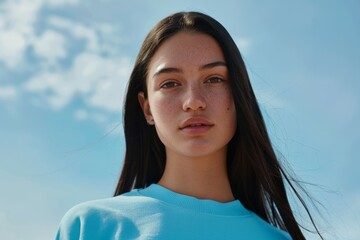 Pretty joyful female with fair hair, dressed casually in blue clothes matching with color of her eyes. Neural network ai generated art