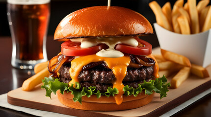 Beef burger with cheese, tomatoes, fries and cook on wooden