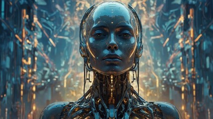 Close-up of a futuristic humanoid robot with intricate metallic features and glowing elements, set in a high-tech, cybernetic environment.


