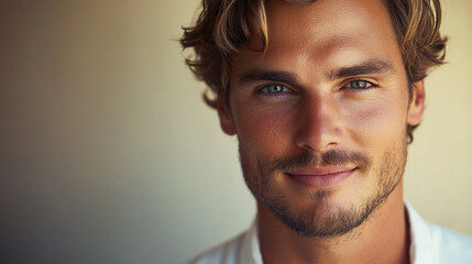 Fototapeta premium Close-up of a handsome man with a gentle smile and intense eyes, his hair slightly tousled and wearing a simple white shirt.