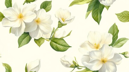 White Flowers and Green Leaves Watercolor Pattern
