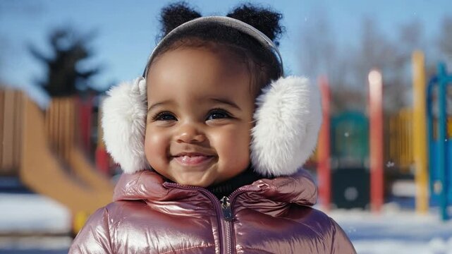Smiling black toddler girl dressed warmly with fluffy ear muffs enjoys a sunny winter day at a playground