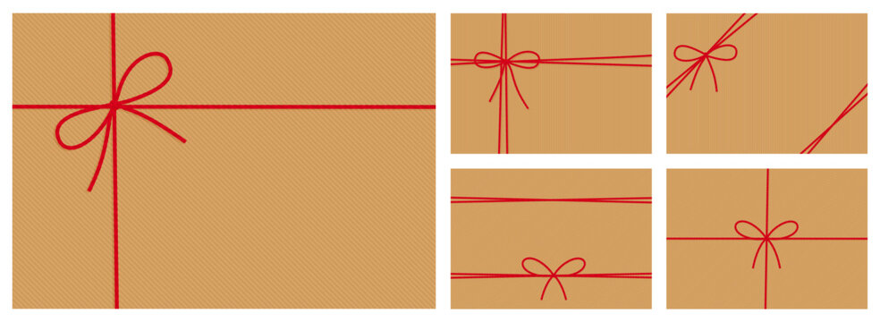 Packing string for decoration, present, pastry boxes for New Year, Christmas. Striped kraft paper background, gift tied up with cotton red rope bakers twine ribbons and bow. Vector EPS10