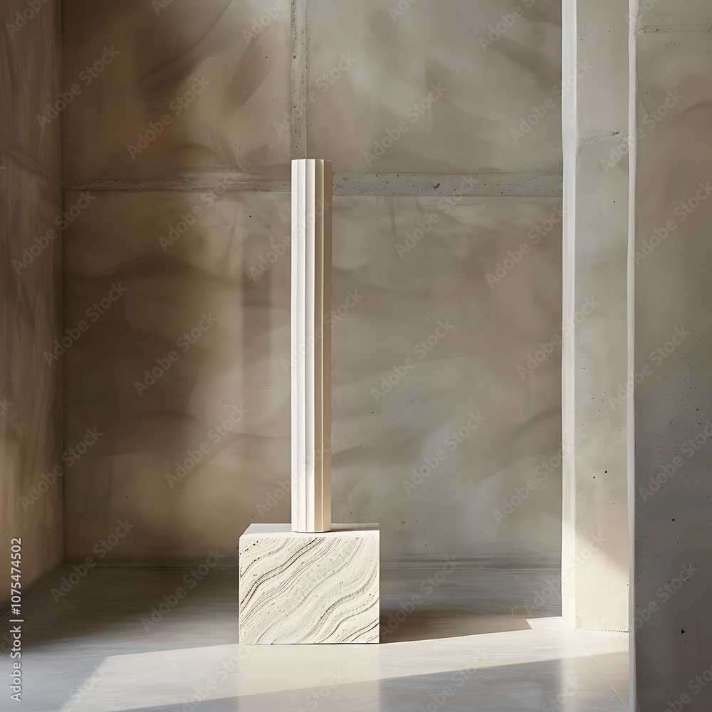 Poster 3d rendering of a marble pedestal with shadow on a beige wall