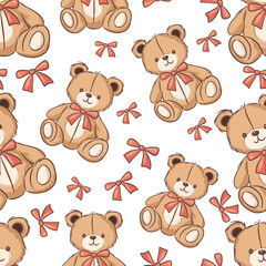 Seamless pattern cute teddy bears with bows on a white background, perfect for children's themes and nursery decoration