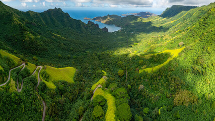 magnificent aerial view of the HATIHEU valley on the island of NUKU HIVA in the Marquesas archipelago in French Polynesia