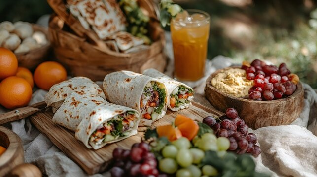 outdoor vegan picnic, enjoy a peaceful picnic with vegan wraps, hummus, fruits, and drinks in a beautiful outdoor spot with loved ones on a sunny day