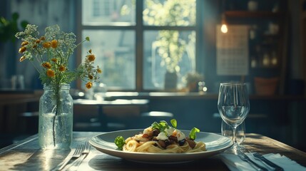 Fototapeta premium Cozy Cafe Scene with Pasta Dish and Sunlit Flowers by a Window