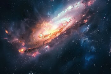 Fototapeta premium Glowing spiral galaxy with bright center and colorful dust formations in deep space.