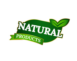 Green organic emblem with leaf and ribbon design, perfect for labeling safe, eco friendly, farm sourced products. Ideal for promotions and wellness branding.
