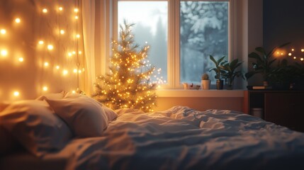 Fototapeta premium A Christmas Tree Lit with Fairy Lights Near a Bed in a Cozy Room