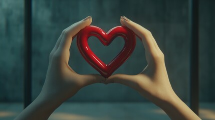 Fototapeta premium Hands Holding a Shiny Red Heart-Shaped Symbol of Love and Emotion
