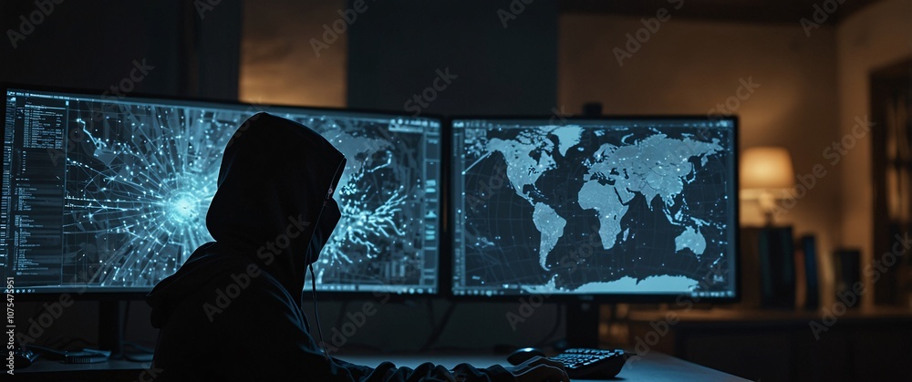 Wall mural the hacker's lair: a hooded figure sits in a dimly lit room, their face obscured by shadow as they s