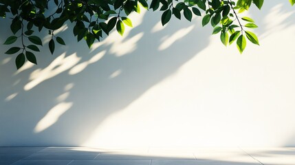 This is a beautifully tranquil scene that showcases lush green leaves casting delicate shadows on a pristine minimalist white wall, which evokes a deep sense of calmness and simplicity all around