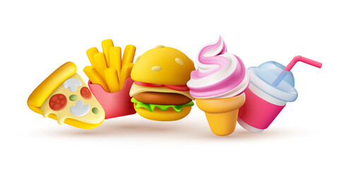 Vector illustration of realistic set of fast food icon. Burger, ice cream, french fries, pizza and drink cup. 3d style design of fast food collection with pizza, ice cream, hamburger, fries and cup