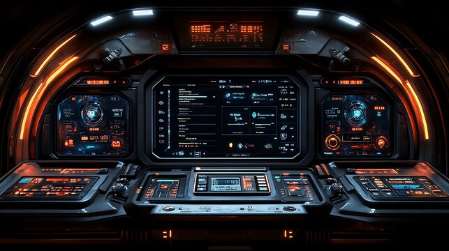 Futuristic spaceship cockpit interior with digital displays and controls.