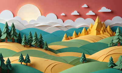 A papercraft landscape with rolling hills, green trees, and a large mountain range in the background, under a glowing sun